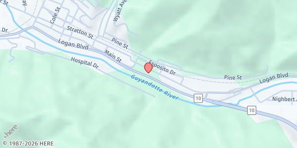 Map showing First Presbyterian Church at 622 Stratton St, Logan, WV
