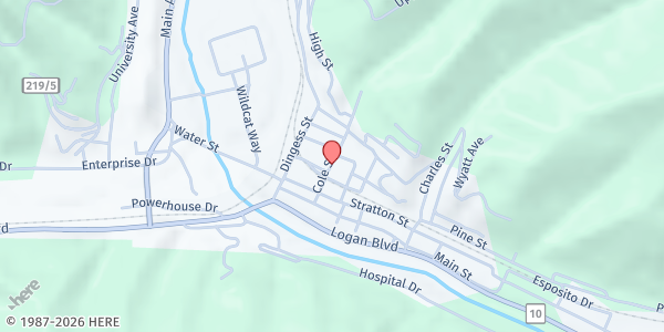 Map showing Nighbert Memorial United Methodist Church at 301 Cole St., Logan, WV