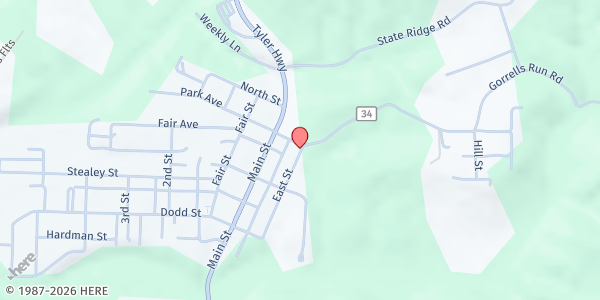 Map showing ADAMS HOUSE MINISTRIES at 316 EAST ST., MIDDLEBOURNE, WV