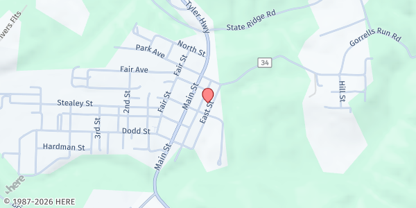 Map showing Adams House Ministries at 306 East St., Middlebourne, WV