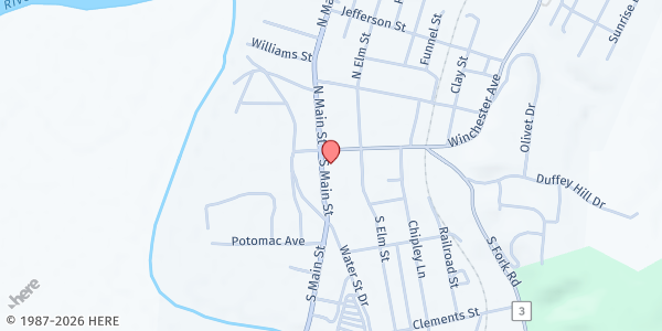 Map showing Moorefield Presbyterian Church at 109 S Main St, Moorefield, WV