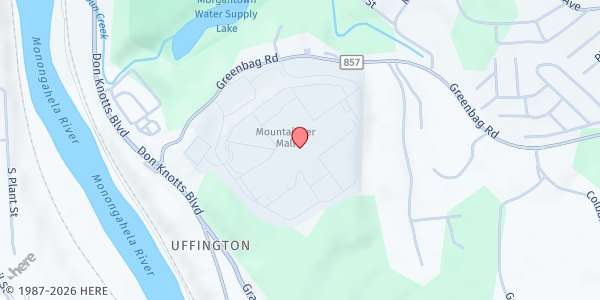 Map showing SENIOR MONONGALIANS at 5000 GREENBAG ROAD SUITE A-7, MORGANTOWN, WV