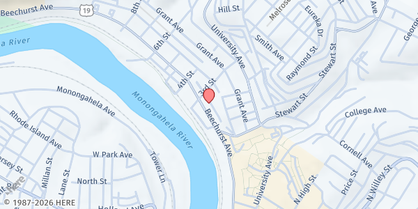 Map showing The RACK: WVU Student Food Pantry at The RACK: U Student Food Pantry, Morgantown, WV