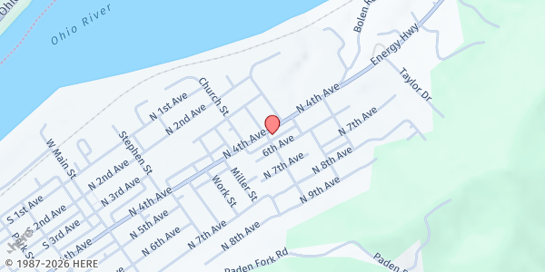 Map showing Paden City Church of Christ at 600 N 4th Ave, Paden City, WV