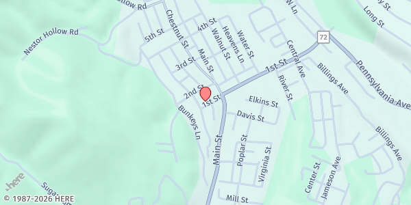 Map showing First United Methodist Church at 101 1st St, Parsons, WV