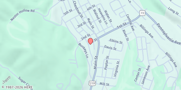 Map showing Hinkle House Food Pantry at 102 1st St, Parsons, WV