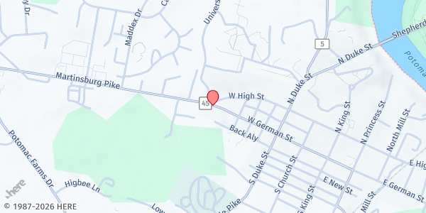 Map showing Shepherd University Pantry at 102 BOTELER HALL, SHEPHERDSTOWN, WV