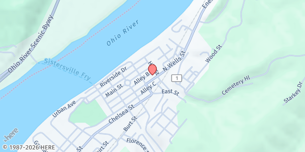 Map showing First Baptist Church at 506 Wells St, Sistersville, WV