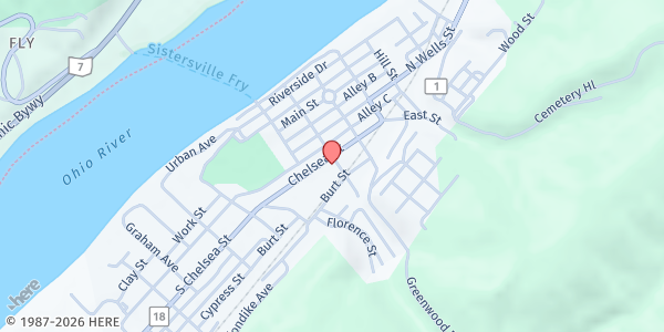 Map showing First Presbyterian Church at 801 Chelsea St, Sistersville, WV