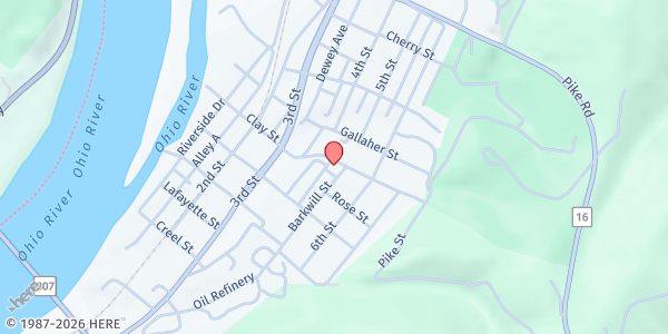 Map showing PLEASANTS CHRISTIAN OUTREACH CENTER at 425 BARKWILL ST., ST. MARYS, WV