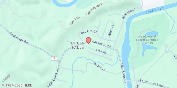 Map showing Humphrey's Methodist Church at 7799 Coal River Rd., Tornado, WV