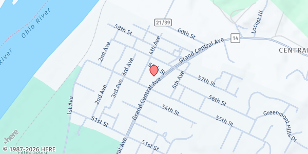 Map showing The Refuge Church at 5513 Grand Central Ave, Vienna, WV