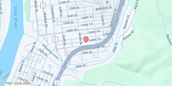 Map showing Catholic Charities Neighborhood Center at 125 18TH STREET, WHEELING, WV