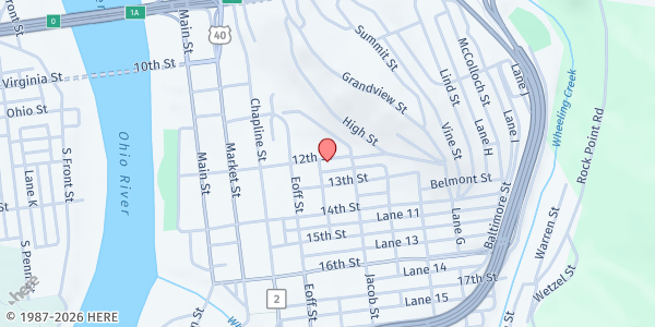 Map showing Church of God & Saints of Christ at 1206 Byron St., Wheeling, WV