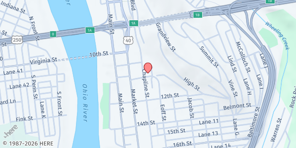 Map showing Fourth Street UM Food Pantry at 1060 Chapline St, Suite 210, Wheeling, WV