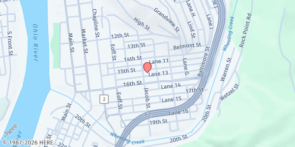 Map showing Greater Wheeling Coalition for the Homeless - Main Office at 84 15th St, Wheeling, WV