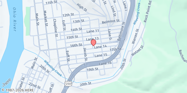 Map showing Salvation Army - Wheeling at 140 16TH STREET, WHEELING, WV