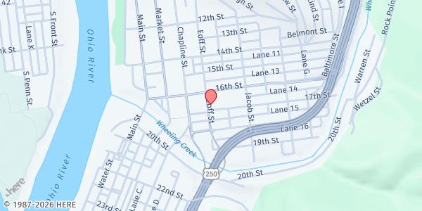 Map showing The Soup Kitchen of Greater Wheeling at 1610 EOFF ST., WHEELING, WV