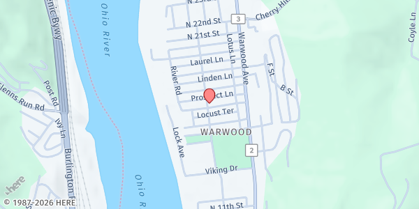 Map showing Warwood Christian Church at 131 N 17th Street, Wheeling, WV