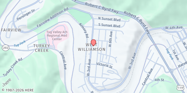 Map showing Coalfield Community Action Partnership Inc. at 1626 W 3rd Ave, Williamson, WV