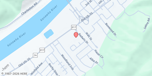 Map showing Heart & Hand Outreach Ministries - Winfield at 20 Radwin Dr, Winfield, WV