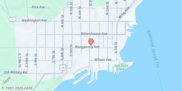 Map showing Bayfield Area Food Pantry at 257 Manypenny Ave, Bayfield, WI