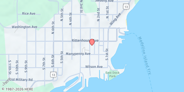 Map showing Bayfield Area Food Pantry - Food Distribution Center at 14 S Broad St, Bayfield, WI