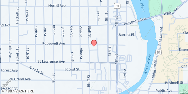 Map showing Our Saviors Lutheran Church at 749 Bluff Street, Beloit, WI