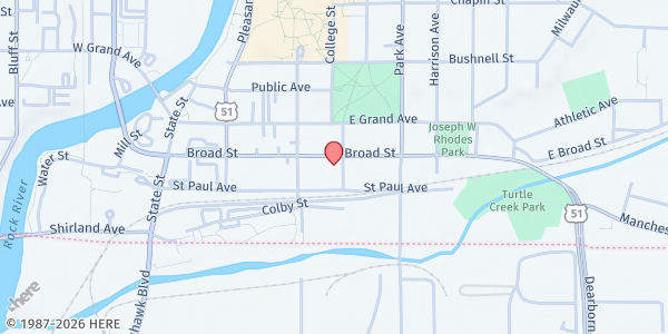 Map showing Salvation Army Beloit Food Pantry at 628 Broad Street, Beloit, WI