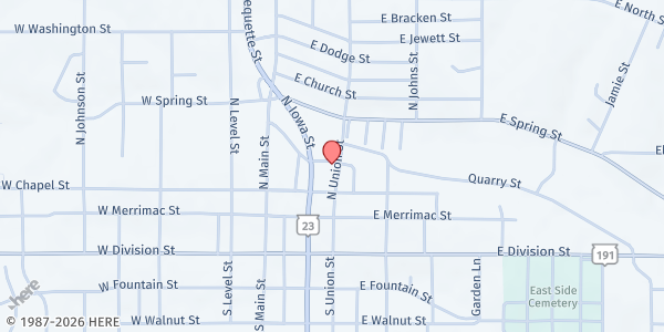 Map showing Dodgeville United Methodist Church at 327 N Iowa St, Dodgeville, WI