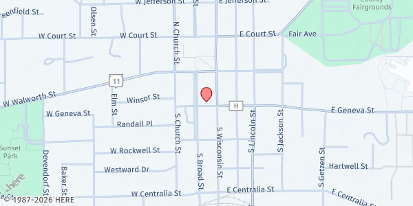 Map showing Elkhorn Food Pantry at 14 W Geneva St, Elkhorn, WI