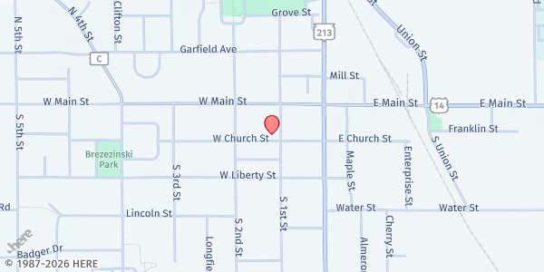 Map showing Congregational United Church at 112 W Church St, Evansville, WI