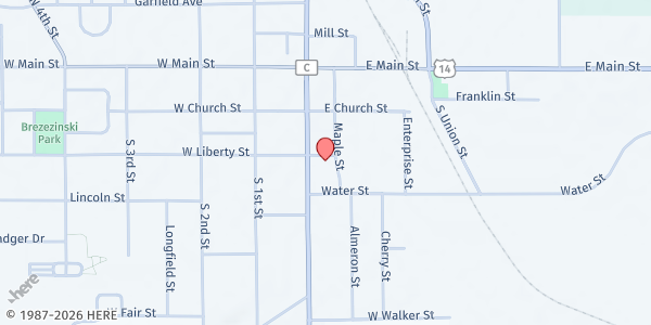 Map showing Evansville Ecumenical Care Closet at 206 S Madison St., Evansville, WI