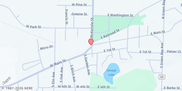 Map showing St. John's Evangelical Lutheran Church Food Pantry at 101 W. Main St., Gillett, WI