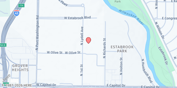 Map showing Just One More Ministry at 4180 N Lydell Ave, Glendale, WI