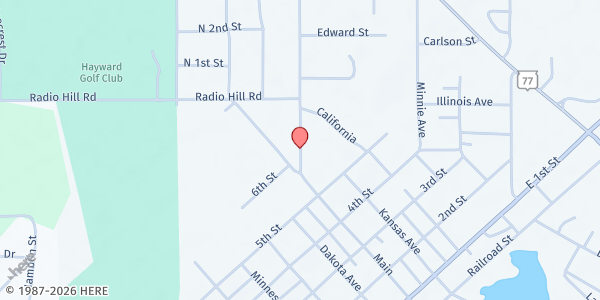 Map showing Ruby's Pop-Up Pantry at Spider Lake Church at 10665 Nyman Ave., Hayward, WI