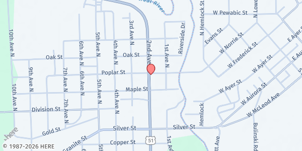 Map showing St Paul's Evangelical Lutheran at 311 2nd Ave N, Hurley, WI