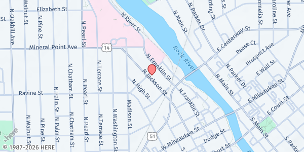 Map showing Midwest Christian Center at 336 N Jackson St, Janesville, WI