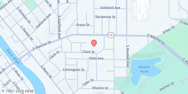 Map showing St. John Vianney Catholic Church at 1250 E Racine St, Janesville, WI