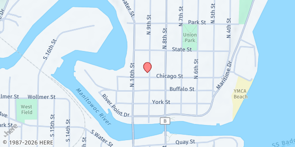 Map showing The Salvation Army Food Pantry - Manitowoc at 402 N 9th St, Manitowoc, WI