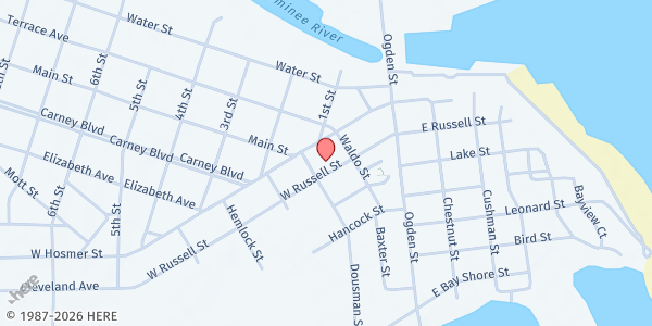 Map showing Salvation Army Emergency Food Pantry at 80 W. Russell St., Marinette, WI