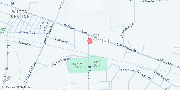 Map showing Milton Community Action Food Pantry at 36 Hilltop Drive, Milton, WI