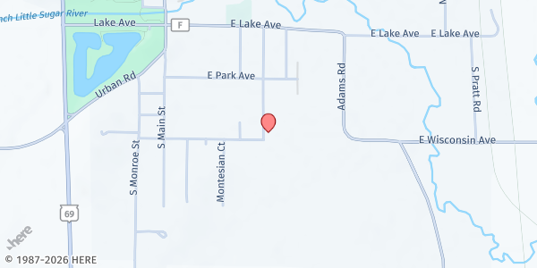 Map showing Green Cares Food Pantry at 422 S Garfield St, Monticello, WI
