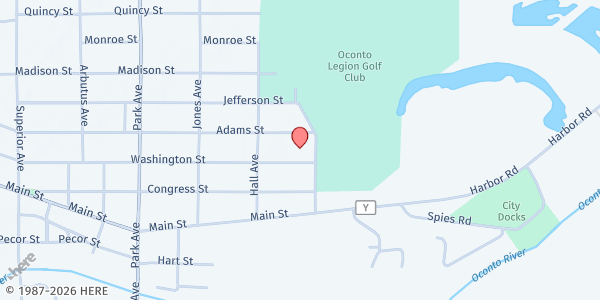 Map showing Bread by the Bay Food Pantry at 641 Washington St, Oconto, WI