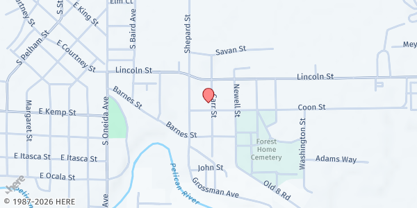 Map showing Rhinelander Area Food Pantry at 627 Coon St, Rhinelander, WI