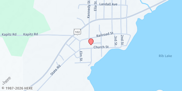 Map showing Rib Lake United Methodist Church Food Pantry at 1300 Church St., Rib Lake, WI