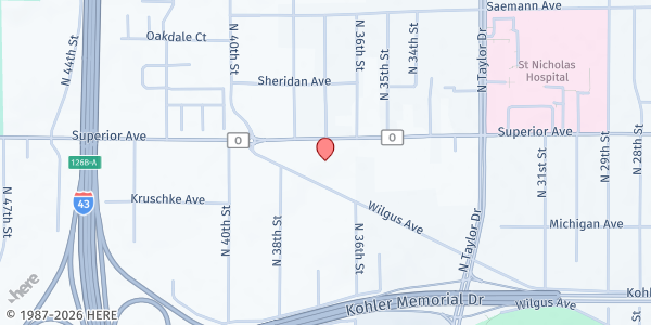 Map showing Lakeshore CAP Inc. - Main Location at 3620 Wilgus Ave, Sheboygan, WI