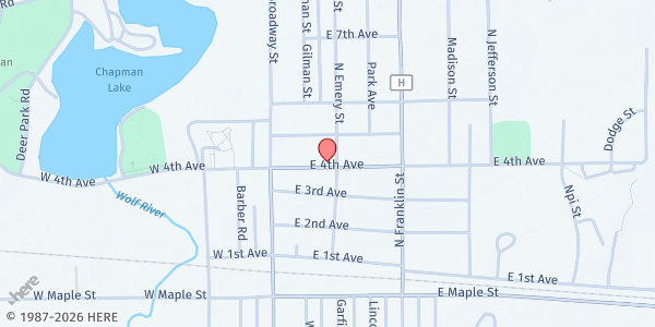 Map showing Stanley Area Food Pantry - Our Savior's Lutheran Church at 147 E. 4th Ave., Stanley, WI
