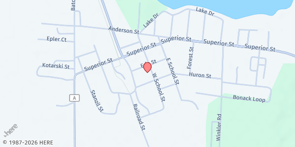 Map showing Three Lakes Christian Food Pantry at 6965 W. School St., Three Lakes, WI