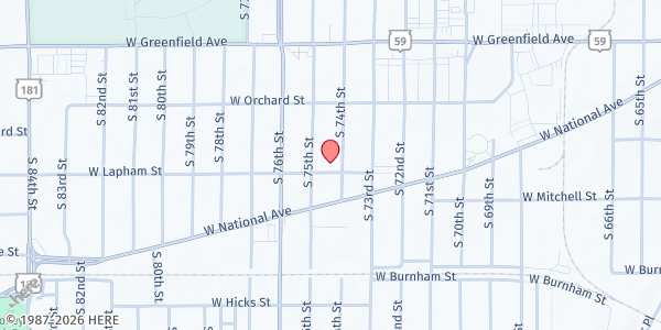 Map showing First Lutheran Church at 7400 W Lapham St, West Allis, WI